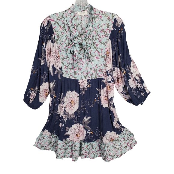 Umgee Size L Dress Blue CottageCore Floral Crinkle V-neck Ribbon Tie Puff Sleeve - Picture 2 of 9